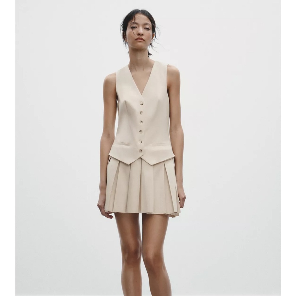 Zara Tan Pleated Skater Mini Dress for Work